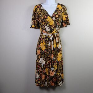 DM Collection Yellow Brown Floral Faux Wrap Midi Dress Size 0